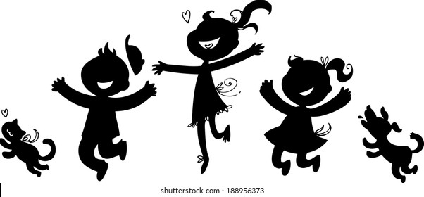 Black silhouettes of two happy girls, a boy, a cat and a dog.