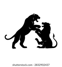 Black silhouettes of two lions engaged in a fierce fight, showcasing strength and dominance in the wild animal kingdom.