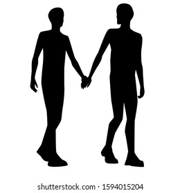 Black silhouettes of two loving gay guys isolated by white background.