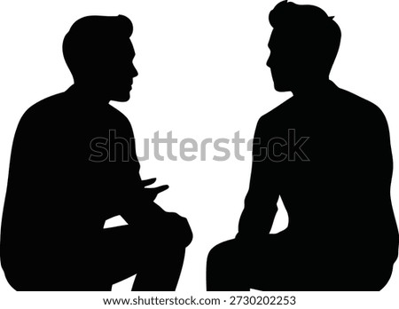 Black silhouettes of two men in profile facing each other, engaged in conversation. One man gestures with his hand while the other listens.