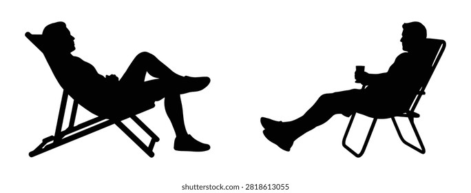 Black silhouettes of two men sitting and relaxing in folding deck chairs outside