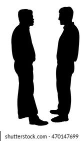 black silhouettes of two men standing and talking to each other