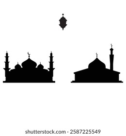 Black silhouettes of two mosques and a lantern. Simple Islamic designs, perfect for Ramadan or Eid celebrations. Symbolic representation of faith.