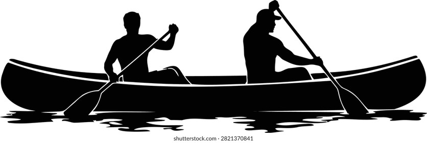 Black silhouettes of two people rowing a boat on dark water at night oars calm water