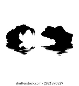 Black silhouettes of two rocks with reflections in water, creating a serene and natural landscape scene with high contrast.