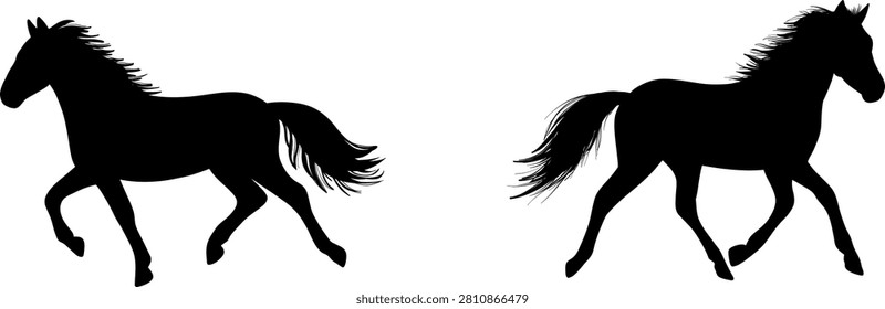 Black silhouettes of two running horses, wild mustang stallions trotting vector illustration for design