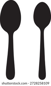 Siluetas negras de dos cucharas aisladas sobre fondo blanco, iconos de utensilios de cocina que representan el comedor, la cocina, la preparación de alimentos, la simplicidad y el diseño moderno de vajilla.
