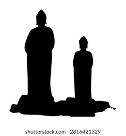 Black silhouettes of two statues standing on a pedestal, set against a plain white background, emphasizing their shapes and forms.