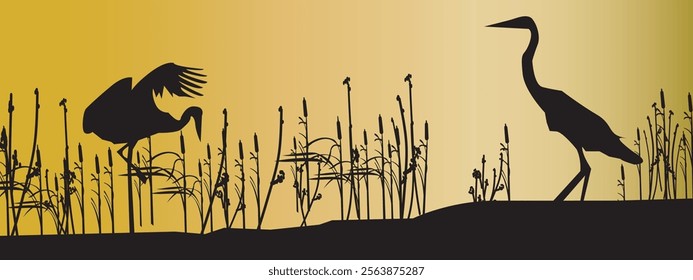 Black silhouettes of two storks walking in the reeds. Vector on yellow background