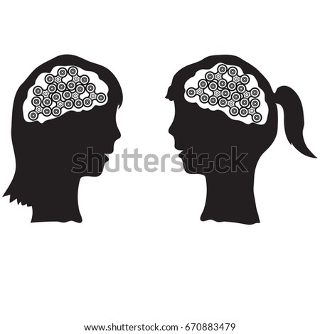 Black silhouettes of two talking girls with spinners like as gears in the brains. Fast thinking concept.
