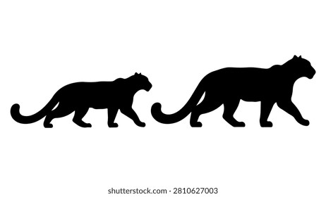 Black silhouettes of two tigers walking together, emphasizing their sleek bodies and powerful presence in a natural setting.