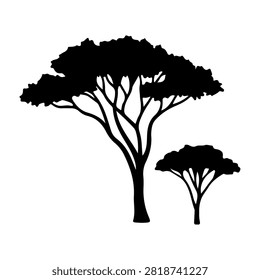 Black silhouettes of two trees with expansive canopies and intricate branches, set against a plain background, emphasizing natural shapes and forms.