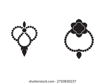 Black silhouettes of two unique beaded jewelry pieces with pendants and decorative elements on white background