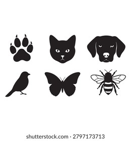 Black silhouettes of various animals and insects on white background