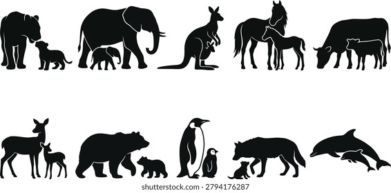 Black silhouettes of various animals and their offspring standing side by side
