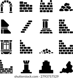 Black silhouettes of various architectural elements and stone structures on walls columns arches rubble