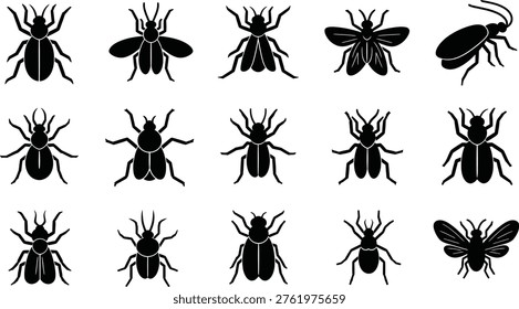 Black silhouettes of various beetles and insects creepy crawlies