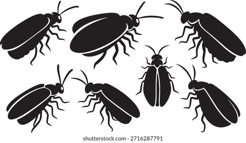 Siluetas negras de varios escarabajos, muchos insectos, colección de insectos diferentes, Ilustraciones vectoriales aisladas