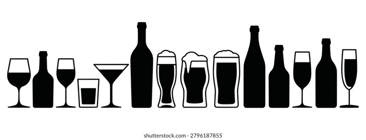 Black silhouettes of various beverage containers including wine glasses bottles and tumblers are shown against a white background.
