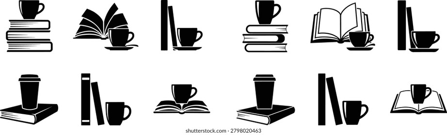 Black silhouettes of various book and coffee-related items, featuring stacks of books, open books, coffee cups, and to-go cups, representing reading, study, and relaxation themes.