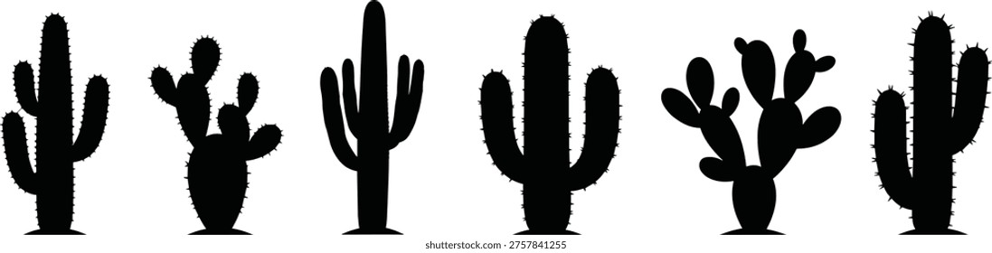 Black silhouettes of various cacti on white background cactus desert plants