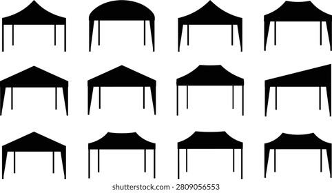 Black silhouettes of various canopy tents on white background canopies portable shelters