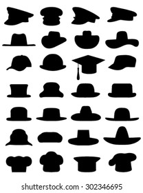 Black silhouettes of various caps and hats, vector