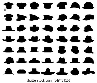 Black silhouettes of various caps and hats, vector