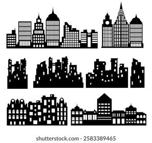 Black silhouettes of various city skylines, showcasing diverse building designs, from modern skyscrapers to dilapidated structures