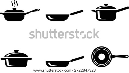 black silhouettes of various cooking pots and pans on white