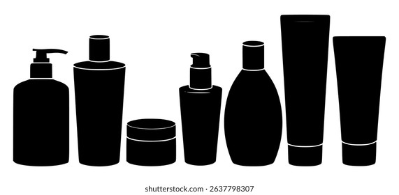 Black silhouettes of various cosmetic and skincare product bottles