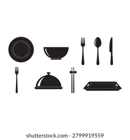 Black silhouettes of various dining utensils and dishes on white background