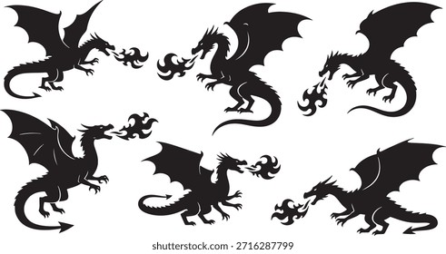 Siluetas negras de varios dragones, muchas criaturas míticas, diferentes bestias de fantasía colección, Ilustraciones vectoriales aisladas