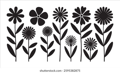 Black Silhouettes of Various Flowers and Plants Design