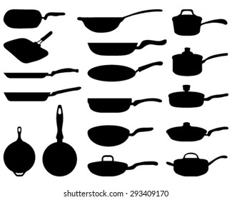 Black silhouettes of various frying pans, vector