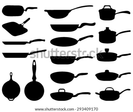 Black silhouettes of various frying pans, vector