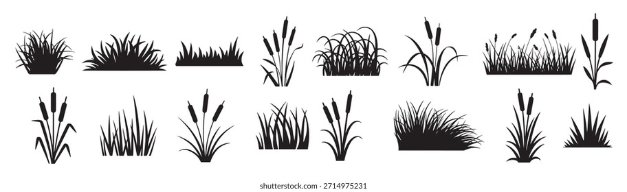 silhuetas pretas de várias gramíneas e plantas de engate em 