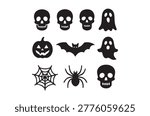 Black silhouettes of various halloween elements including skulls, ghosts, pumpkins, and spiders are isolated on a white background.