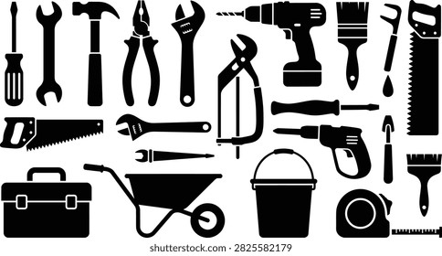 Black silhouettes of various hand tools and equipment isolated on white background