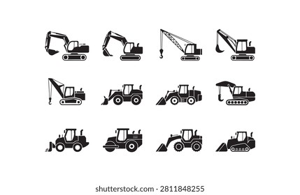 Black silhouettes of various heavy machinery like excavators, cranes, and loaders, industrial vehicles illustration.