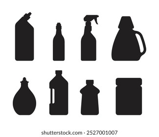 Black silhouettes of various household bottles and containers, including spray, detergent, and jar shapes.