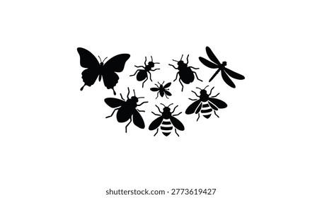 Black silhouettes of various insects flying together