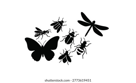 Black silhouettes of various insects flying