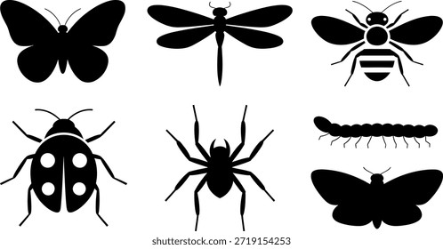 Siluetas negras de varios insectos sobre fondo blanco