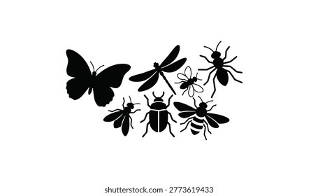 Black silhouettes of various insects on white background
