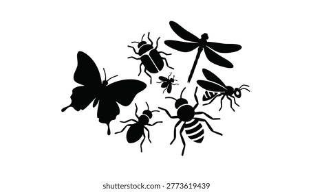 Black silhouettes of various insects on white background