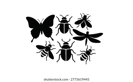 Black silhouettes of various insects on white background