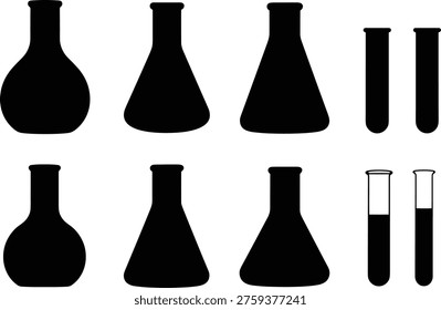 Black silhouettes of various laboratory glassware on white background beakers flasks test tubes