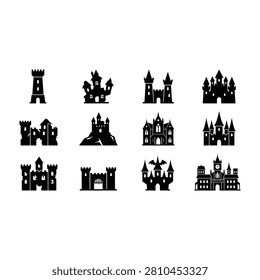 Black silhouettes of various medieval castles and towers on white background