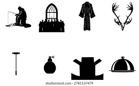 Black silhouettes of various objects and people